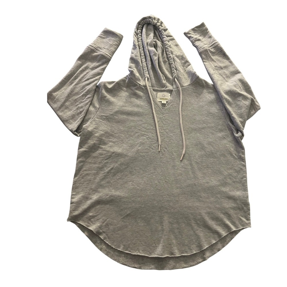 Offline by Aerie Gray Graphic Sleeve Thumbhole Hoodie Sweatshirt Medium (1088)